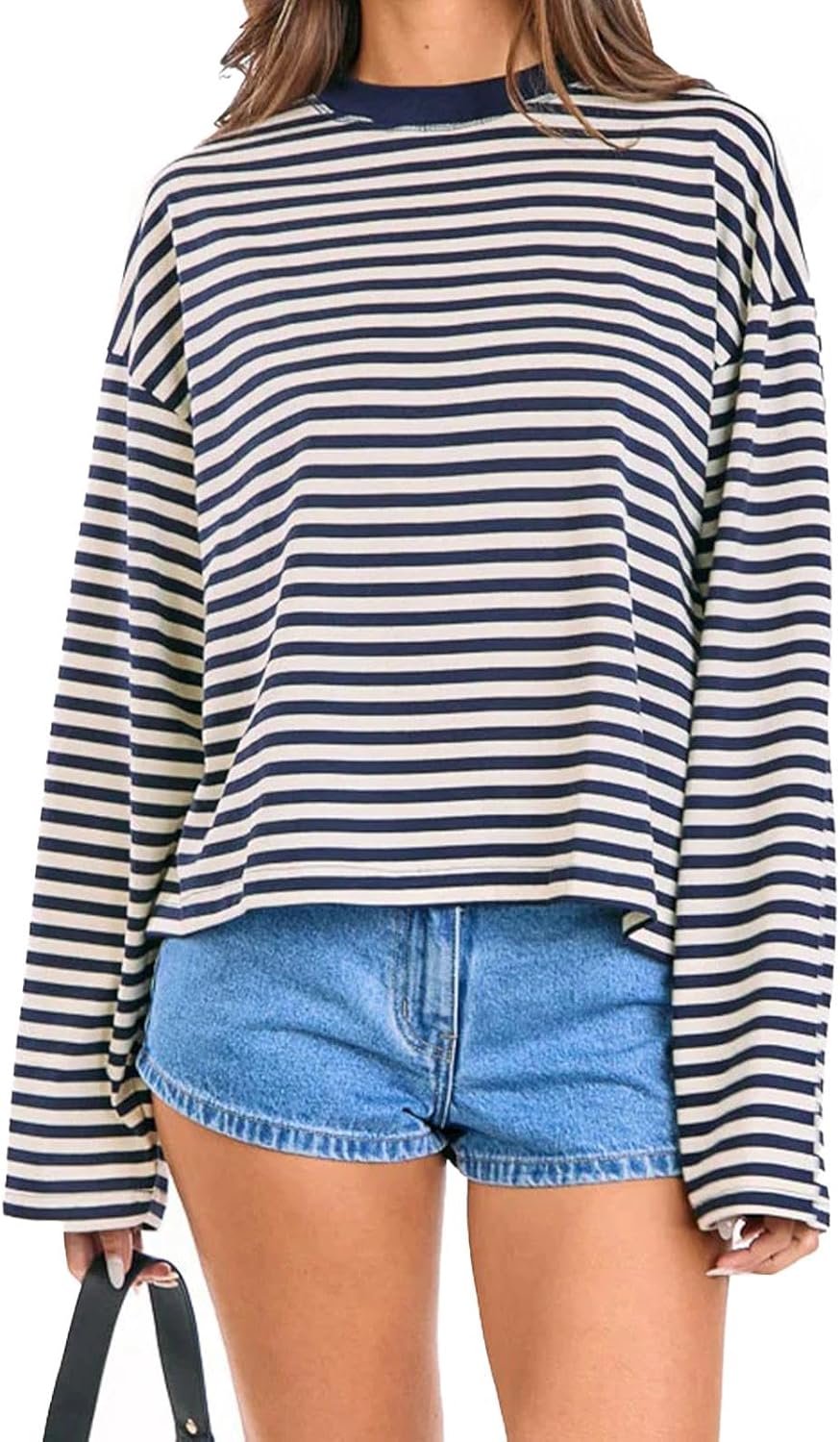 Women Striped Long Sleeve Shirt Crewneck Cropped Pullover Top Fall Winter Vintage Sweatshirt Streetwear