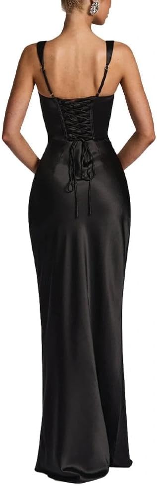 Women Wedding Guest Dress Satin Corset Top Elegant Maxi Dresses with Sheer Scarf Evening Gown