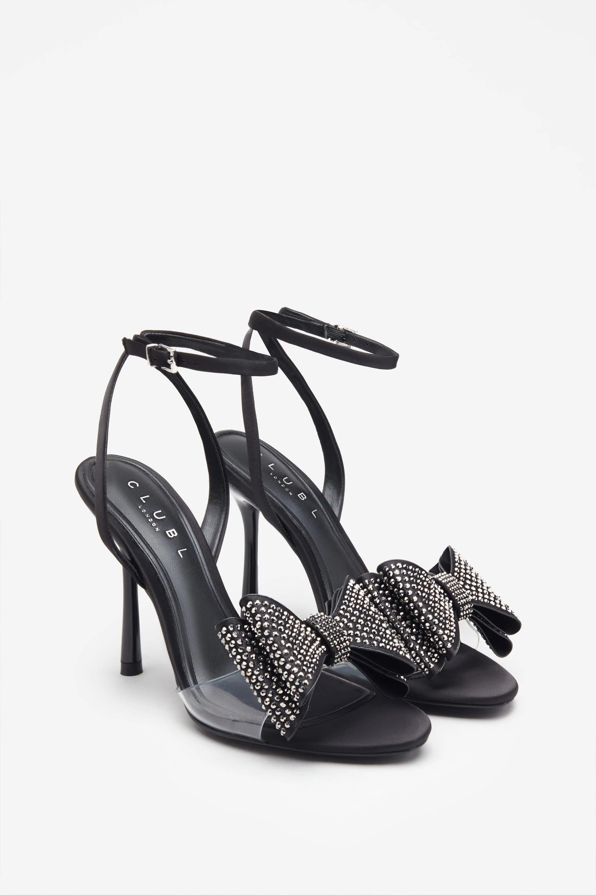 Bowing Black Satin Heeled Sandals With Diamante Bows