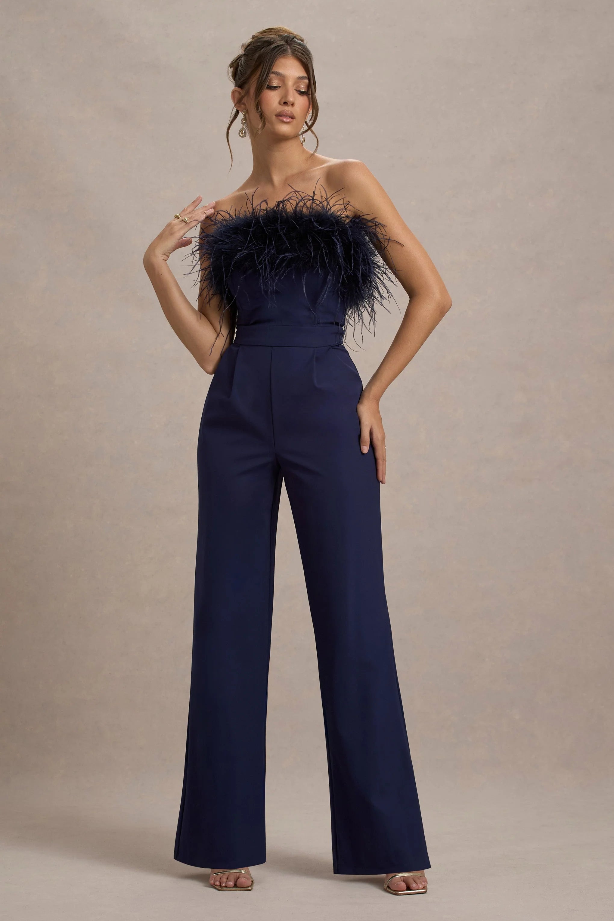 First Class Navy Bandeau Feather Wide Leg Jumpsuit