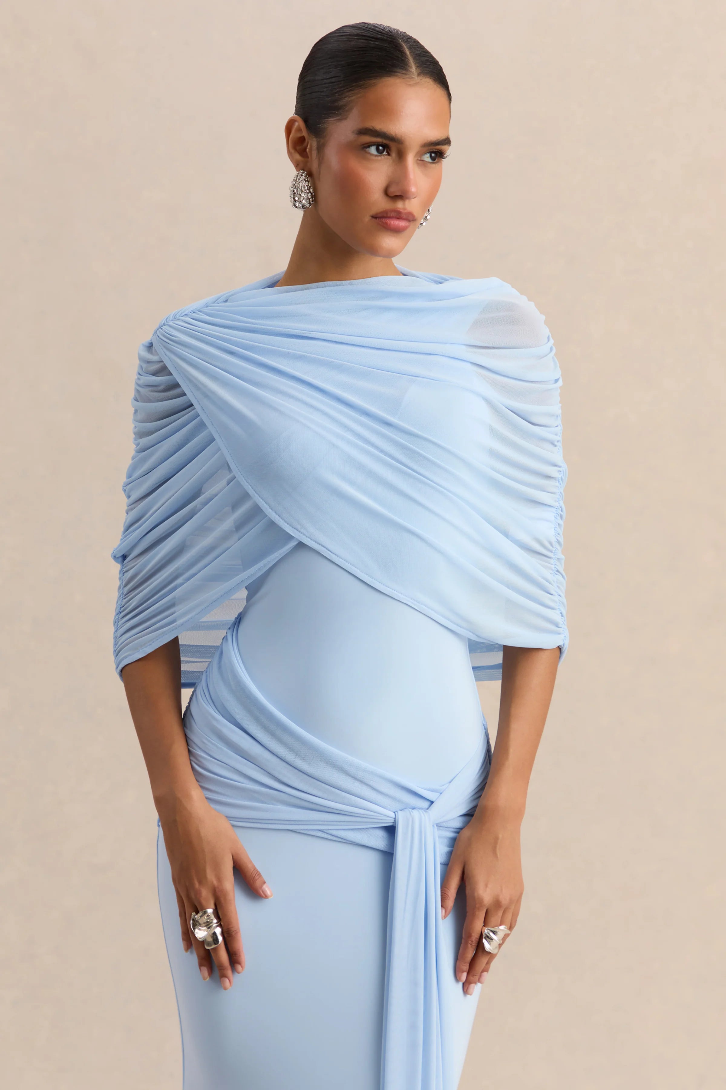 Mirene Powder Blue Round Neck Maxi Dress With Gathered Detailing And Sash