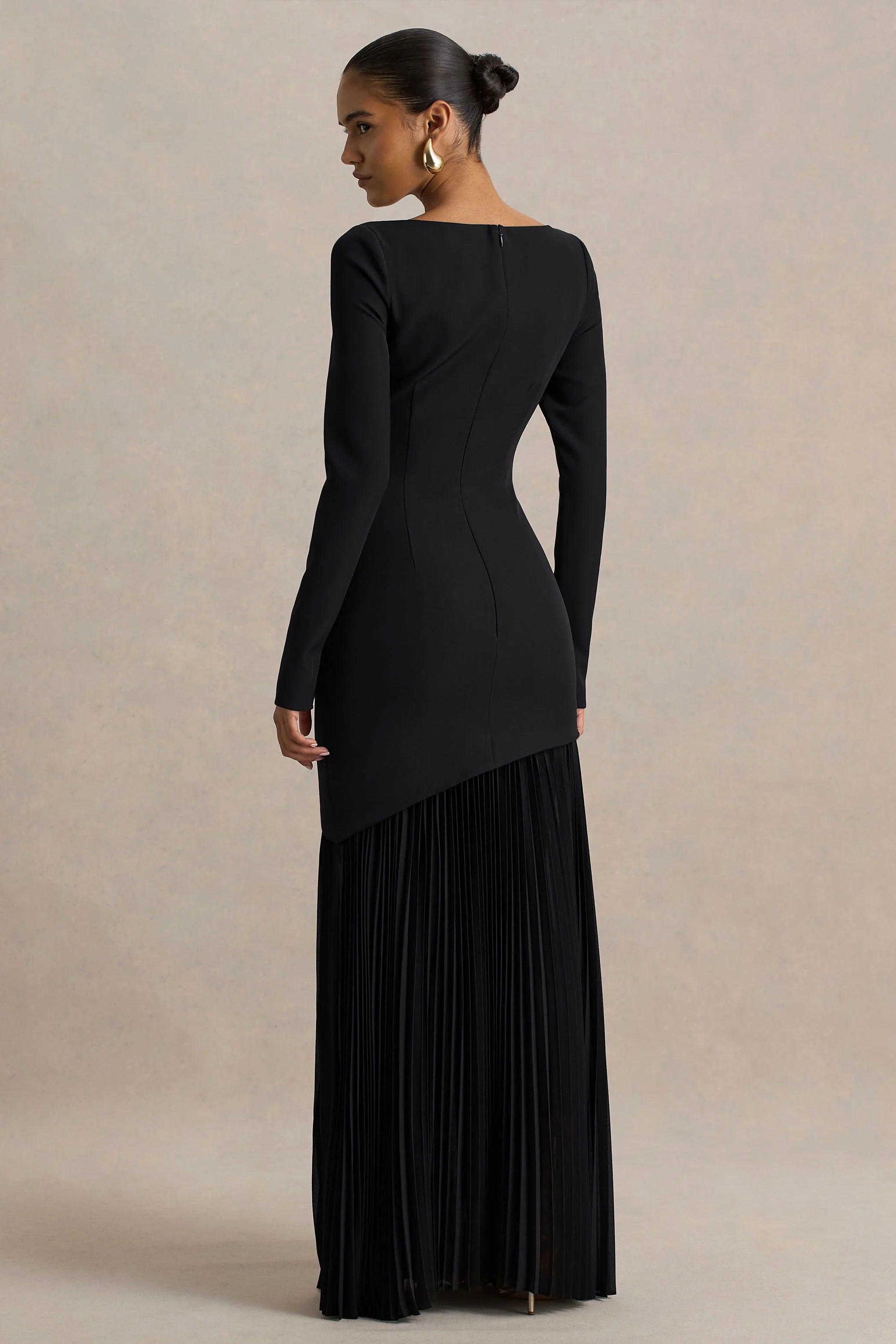 Yanira Black Crepe And Georgette Boat Neck Maxi Dress With Drop Waist