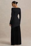 Yanira Black Crepe And Georgette Boat Neck Maxi Dress With Drop Waist