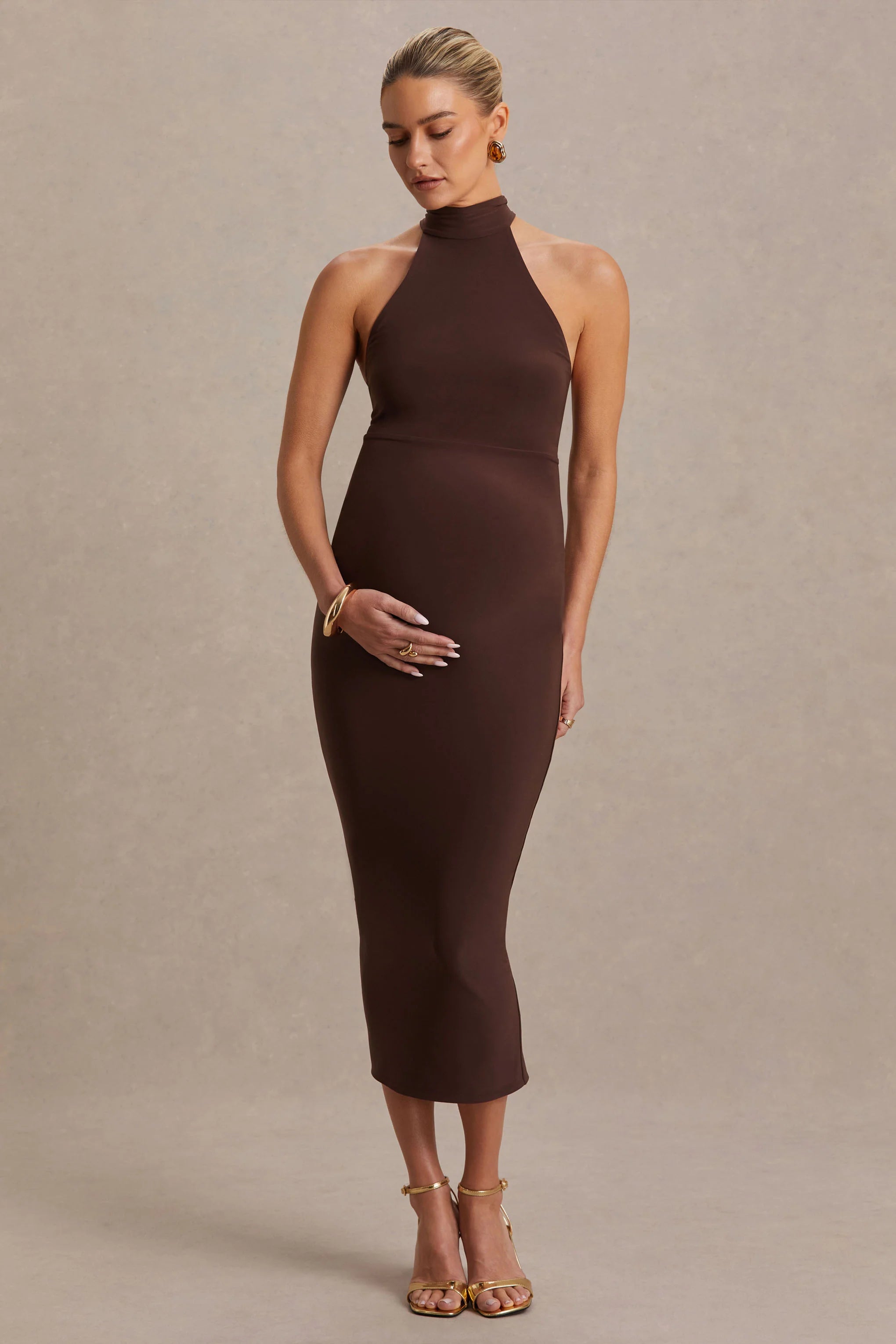 Mireille Brown Halter Neck Maternity Midi Dress