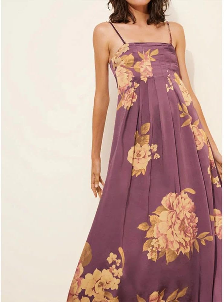 Women Boho Floral Maxi Dress Backless Spaghetti Strap A Line Flowy Summer Vacation Long Dress