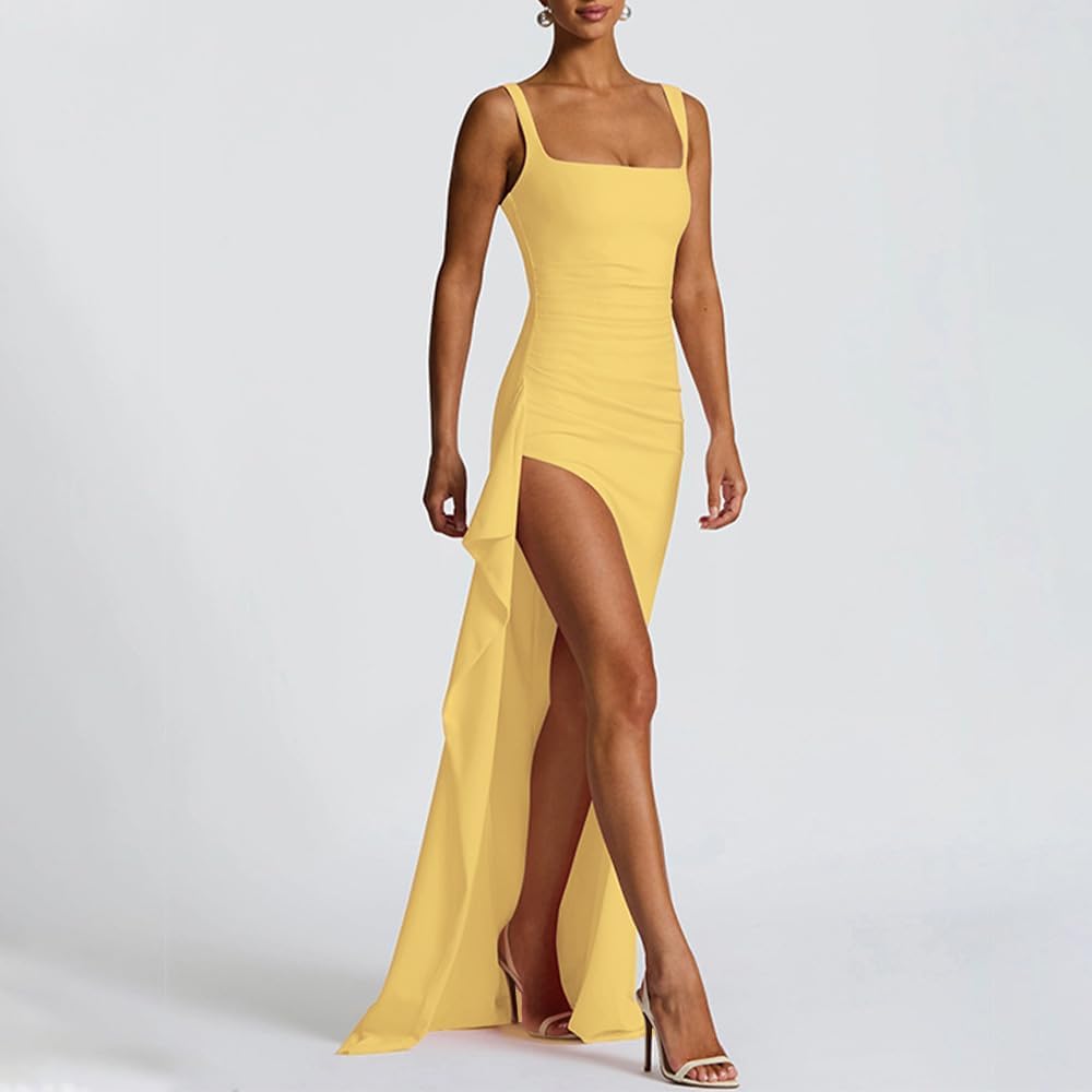 Women Formal Dresses Sleeveless Bodycon Ruched High Slit Sexy Maxi Dress Cocktail Prom