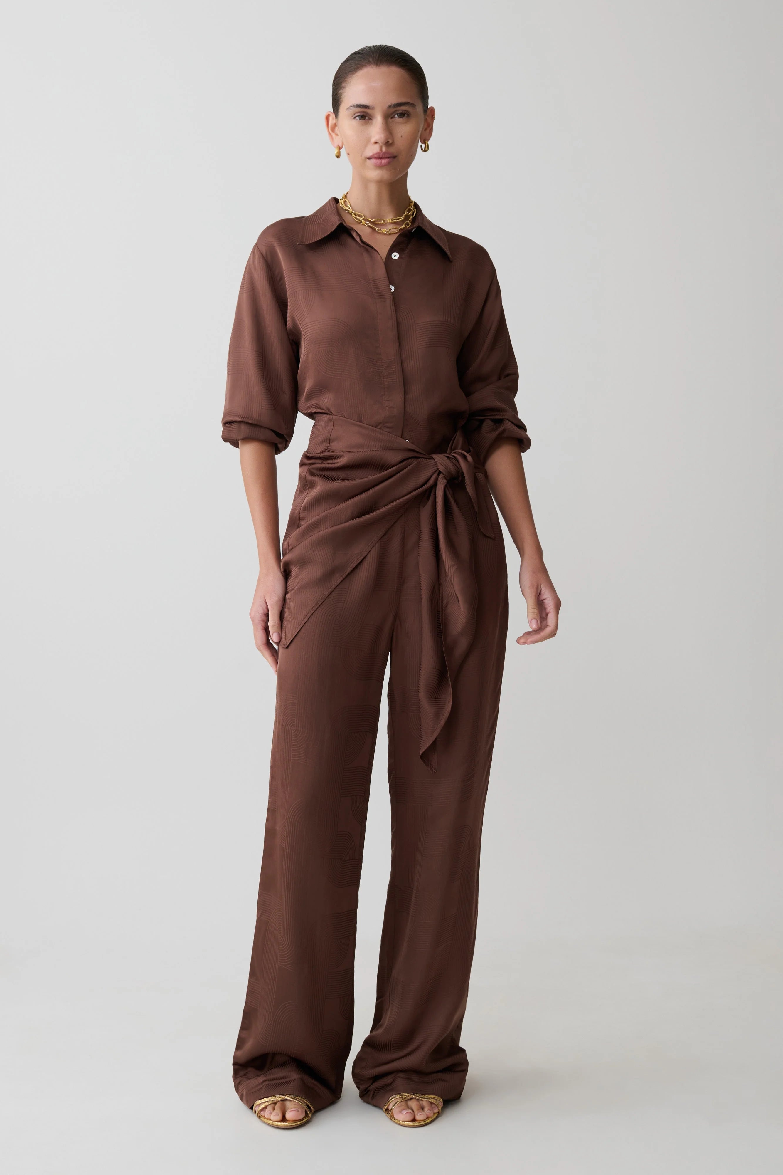 Gia Long Sleeve Satin Shirt Chocolate