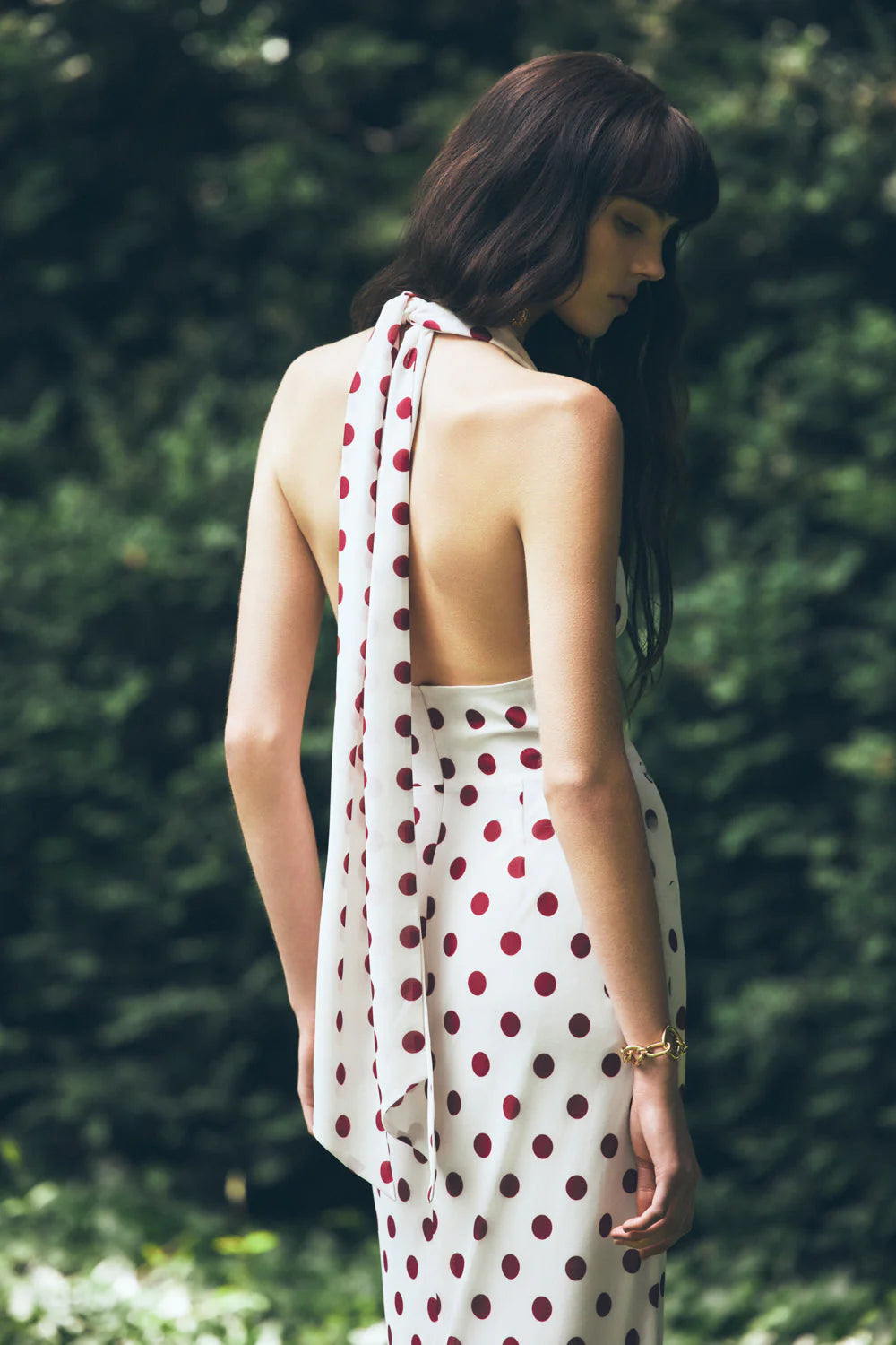 Nadine Halter Chiffon Maxi Dress Ivory Merlot Polka Dot