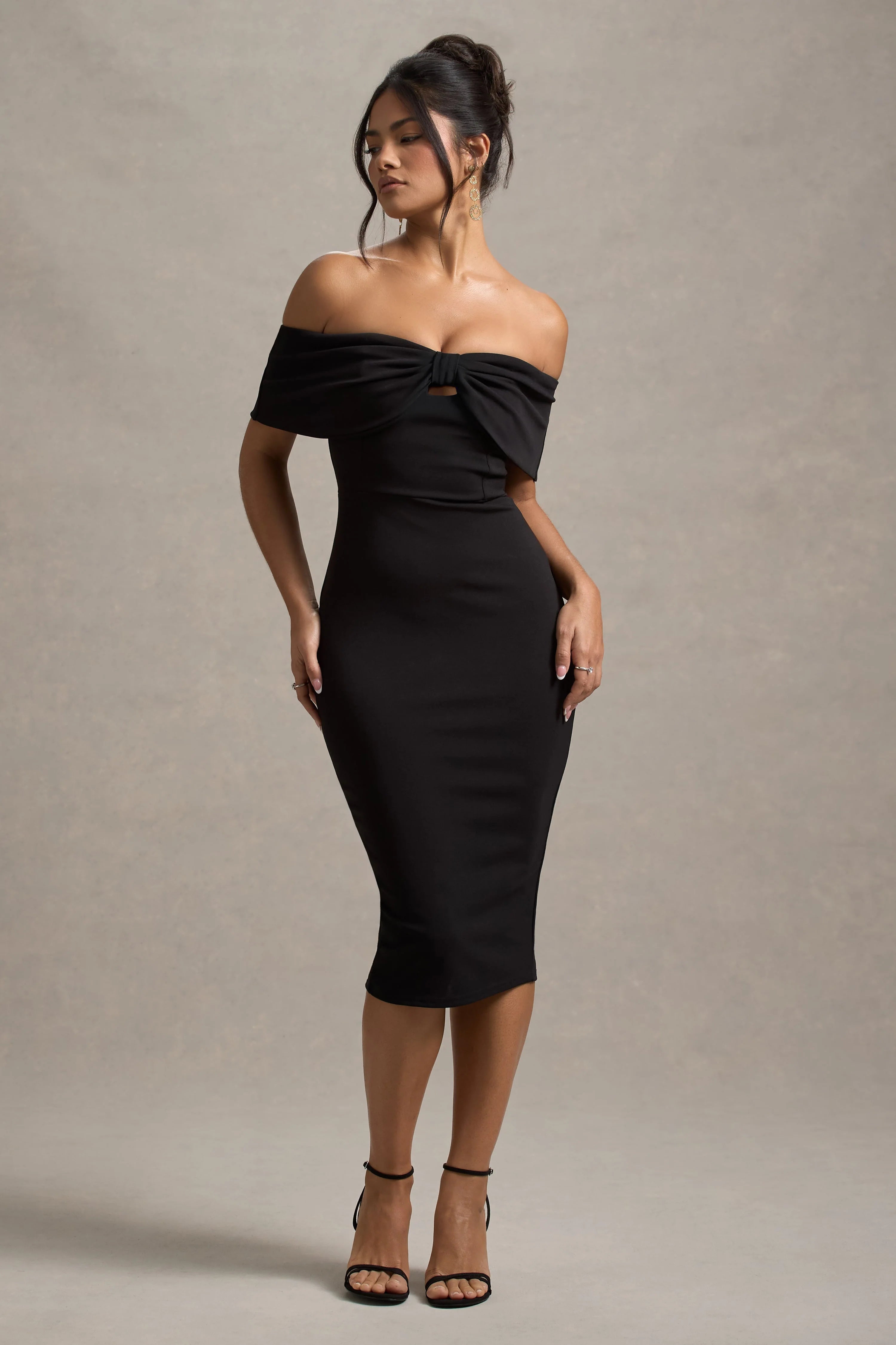 Hope Black Bow Bardot Midi Dress