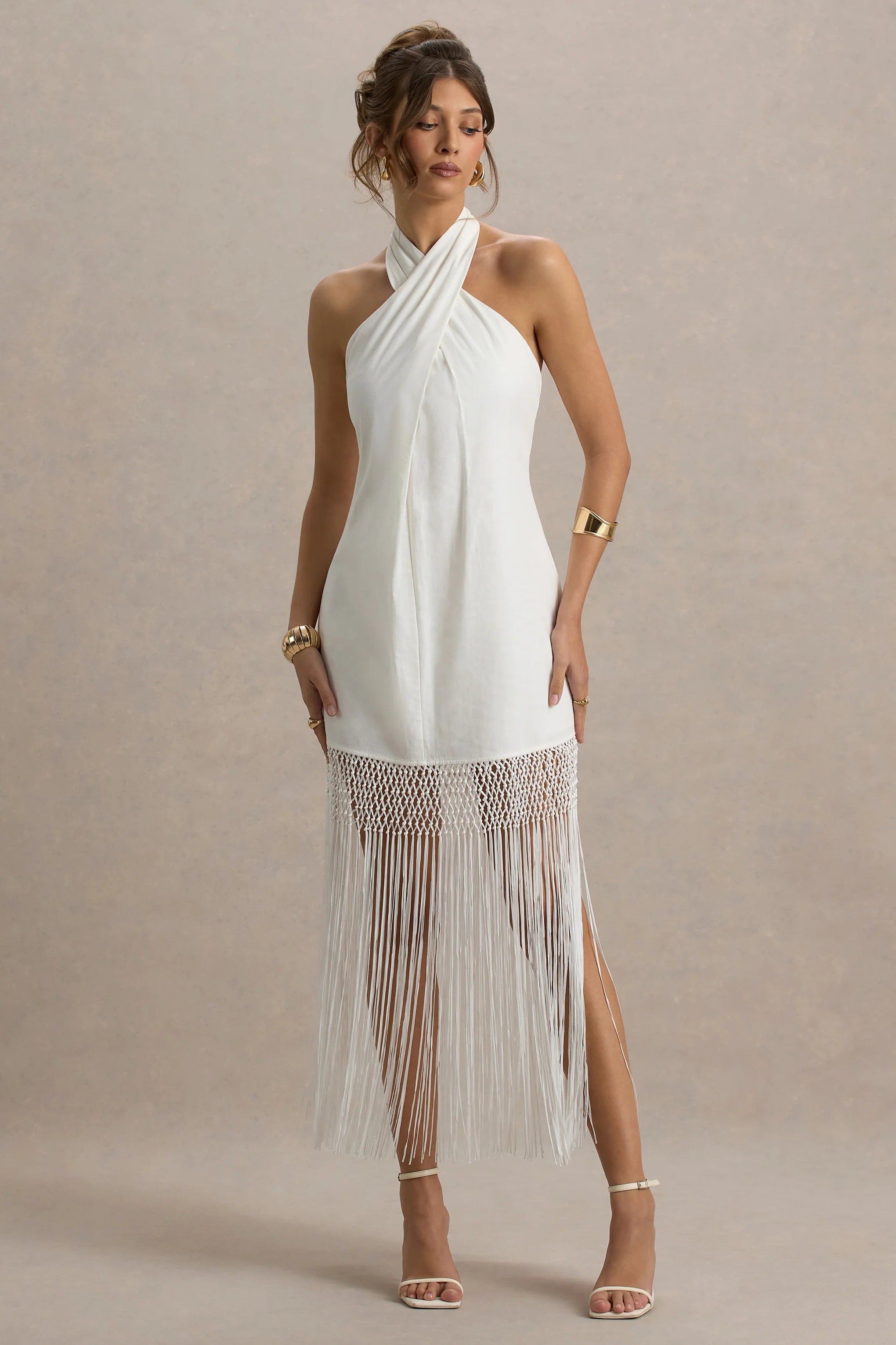 Fiametta Ecru Linen Halter Neck Fringe Maxi Dress