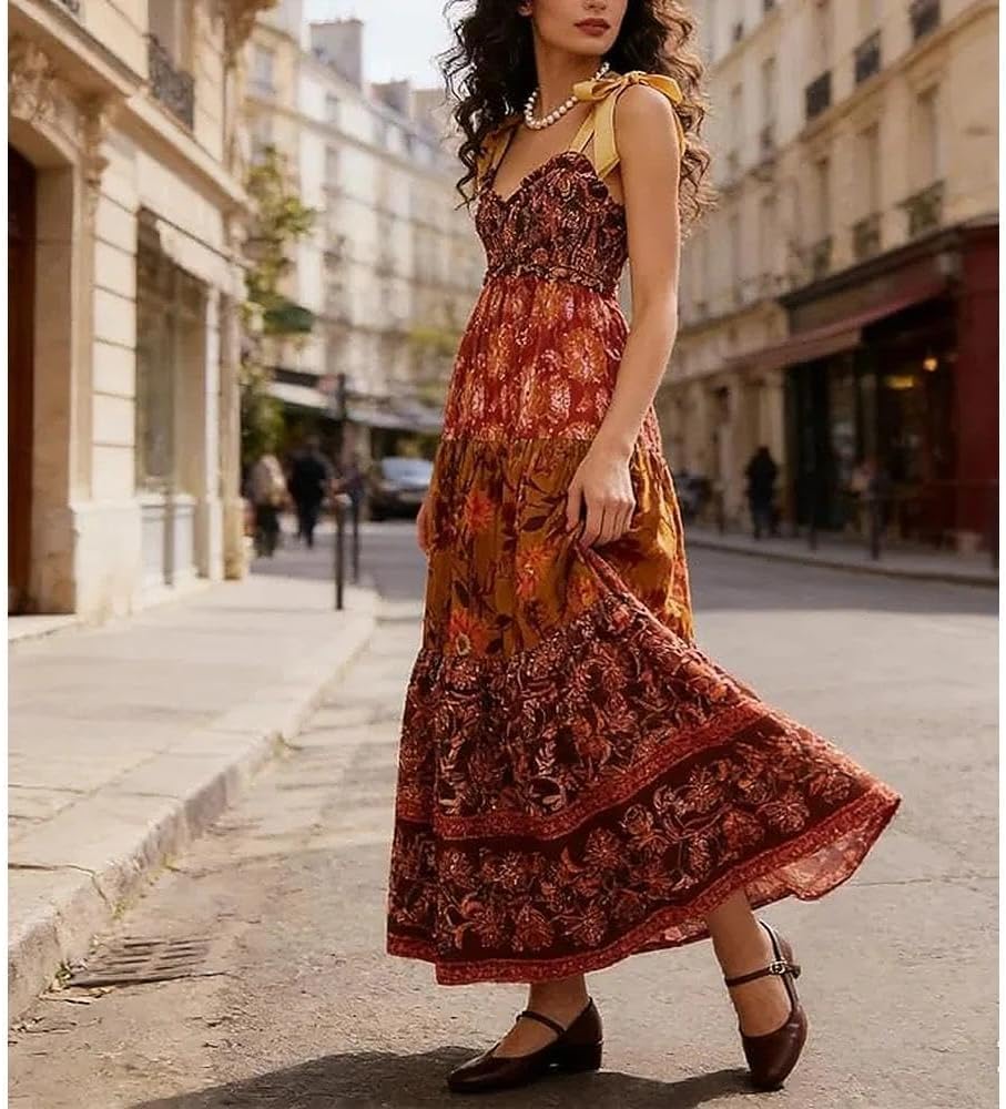 Women Floral Maxi Dress Tie Shoulder Patchwork Smocked Flowy Boho Dress with Pockets Summer Vacation Sundress