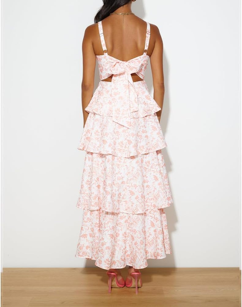 Women Floral Maxi Dress Sleeveless Bow Back Tiered Boho Flowy Long Dresses Summer Fall