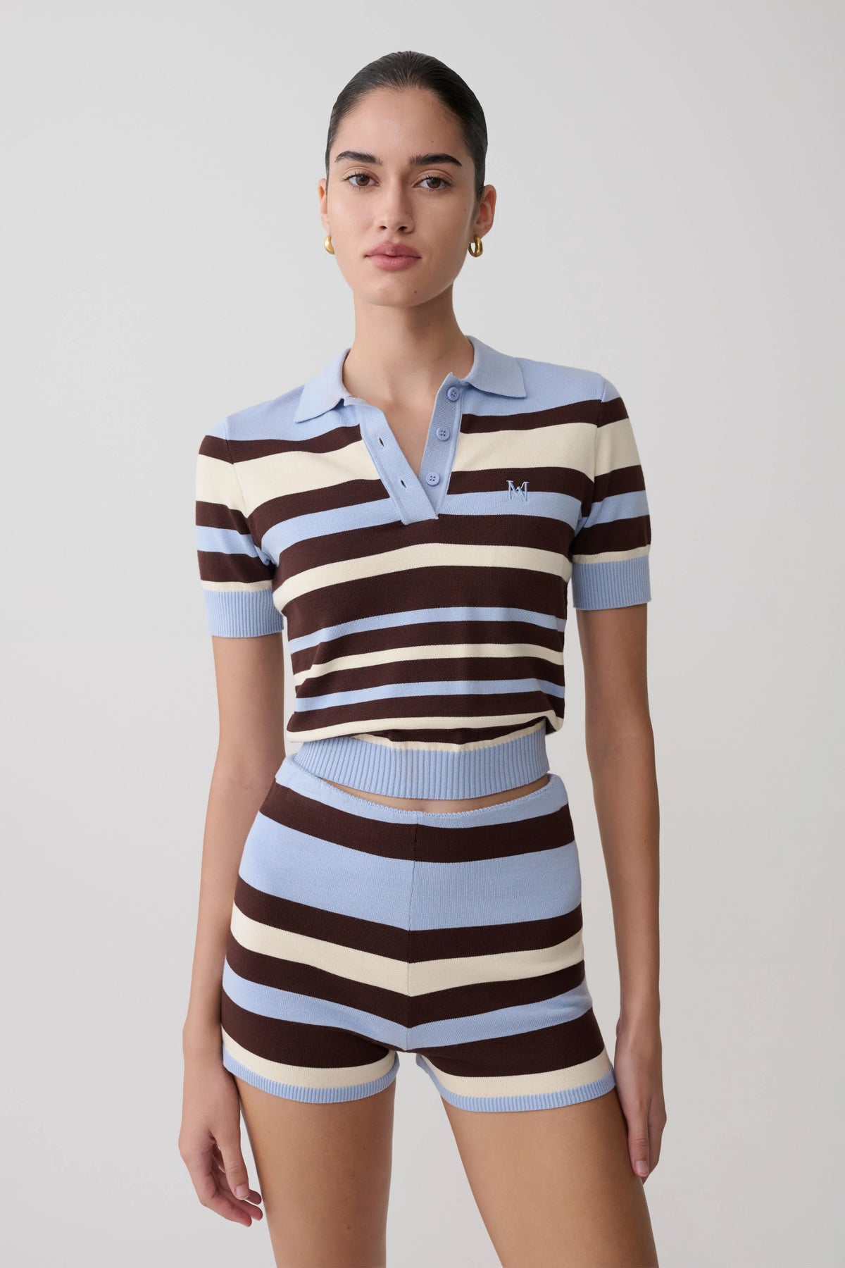 Philly Stripe Knit Button Up Top Chocolate Blue