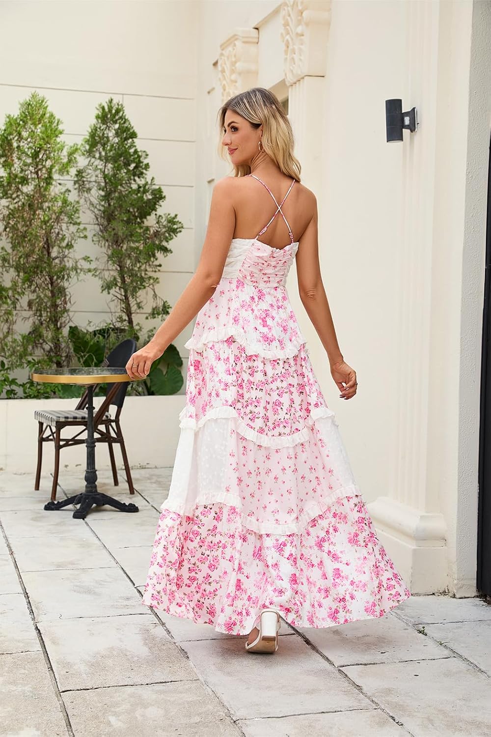Women Floral Maxi Dress Spaghetti Straps V Neck Patchwork Flowy Boho Sundress Tiered Long Dresses