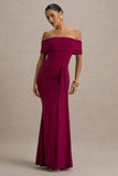 Delma Burgundy Bardot Maxi Dress With Drape Detail