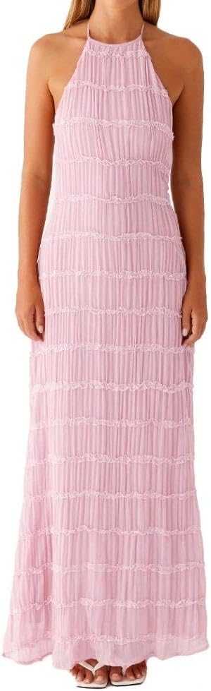 Women Backless Dress Sleeveless Textured Halter Open Back Maxi Dresses Vacation Wedding Guest