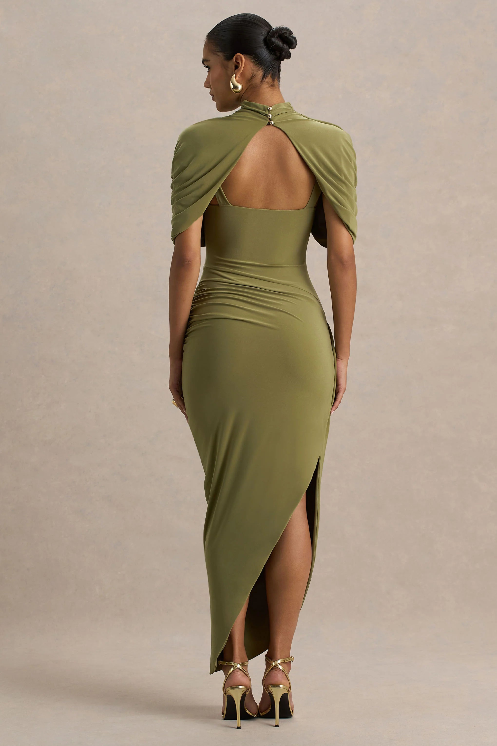 Enchant Olive Asymmetric Twisted Cape Midi Dress