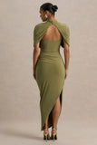 Enchant Olive Asymmetric Twisted Cape Midi Dress