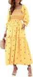 Women Floral Embroidered Maxi Dress Long Puff Sleeve Square Neck Bohemian Flowy Dress with Pockets Summer Fall