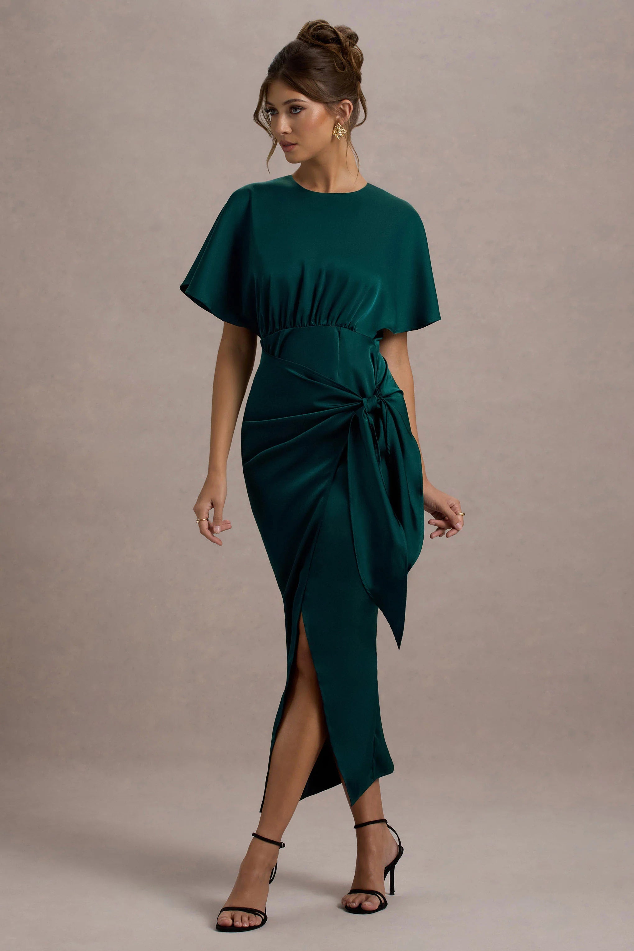 Mika Bottle Green Satin Short Sleeve Wrap Maxi Dress