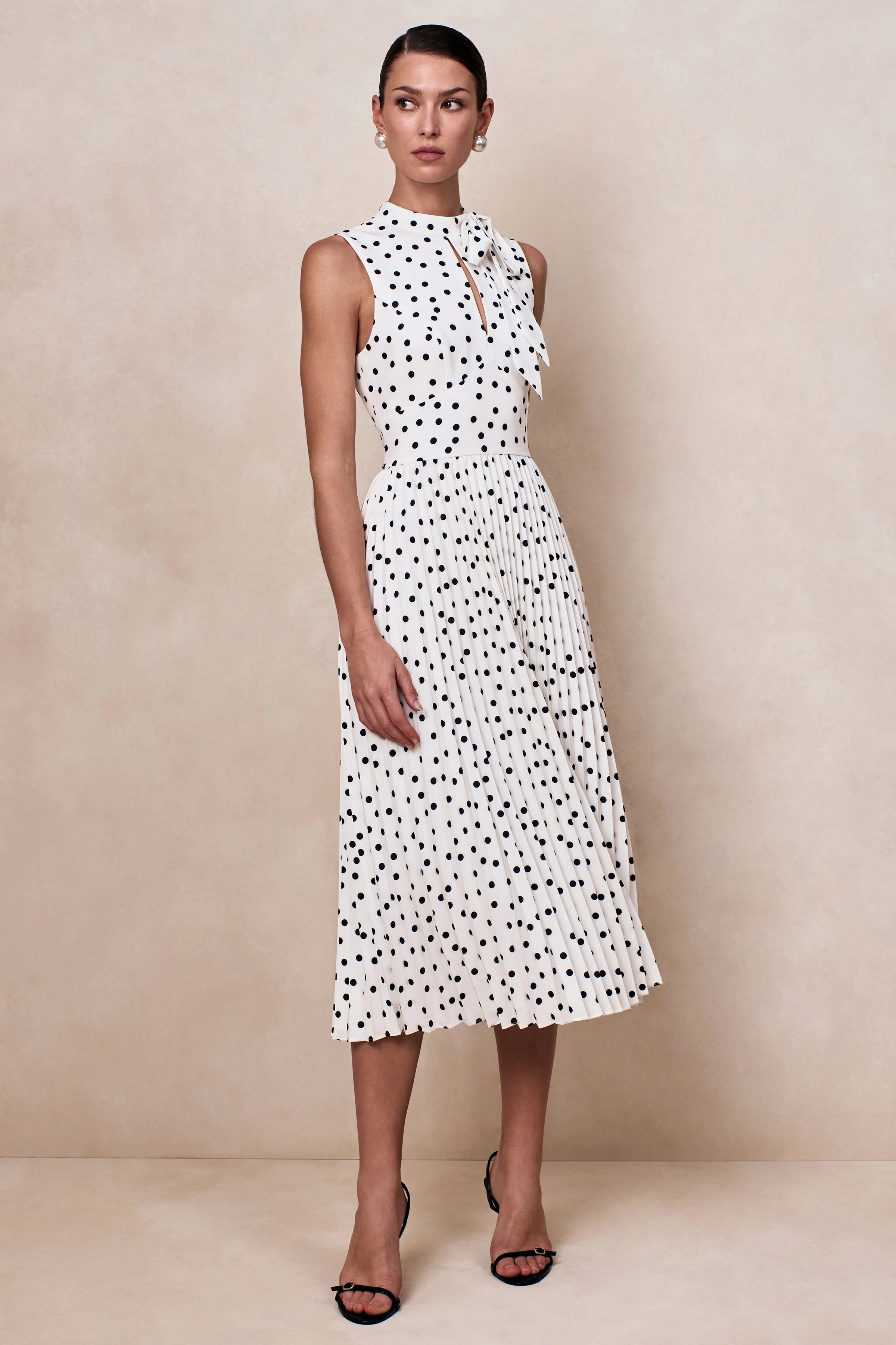 Avalon White Polka Dot Scarf Neck Midi Dress With Pleated Skirt