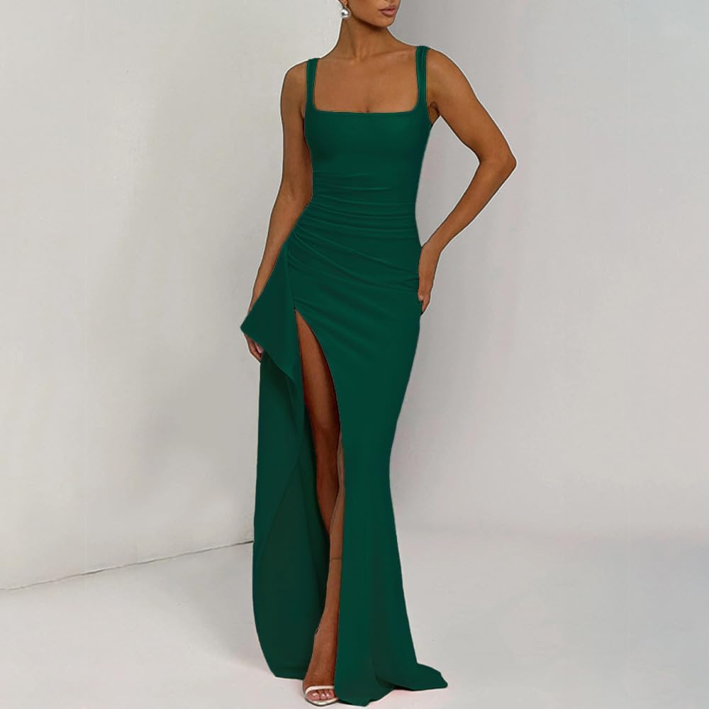 Women Formal Dresses Sleeveless Bodycon Ruched High Slit Sexy Maxi Dress Cocktail Prom