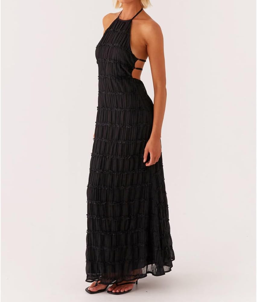 Women Backless Dress Sleeveless Textured Halter Open Back Maxi Dresses Vacation Wedding Guest