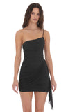 Mesh One Shoulder Tassel Dress in Black