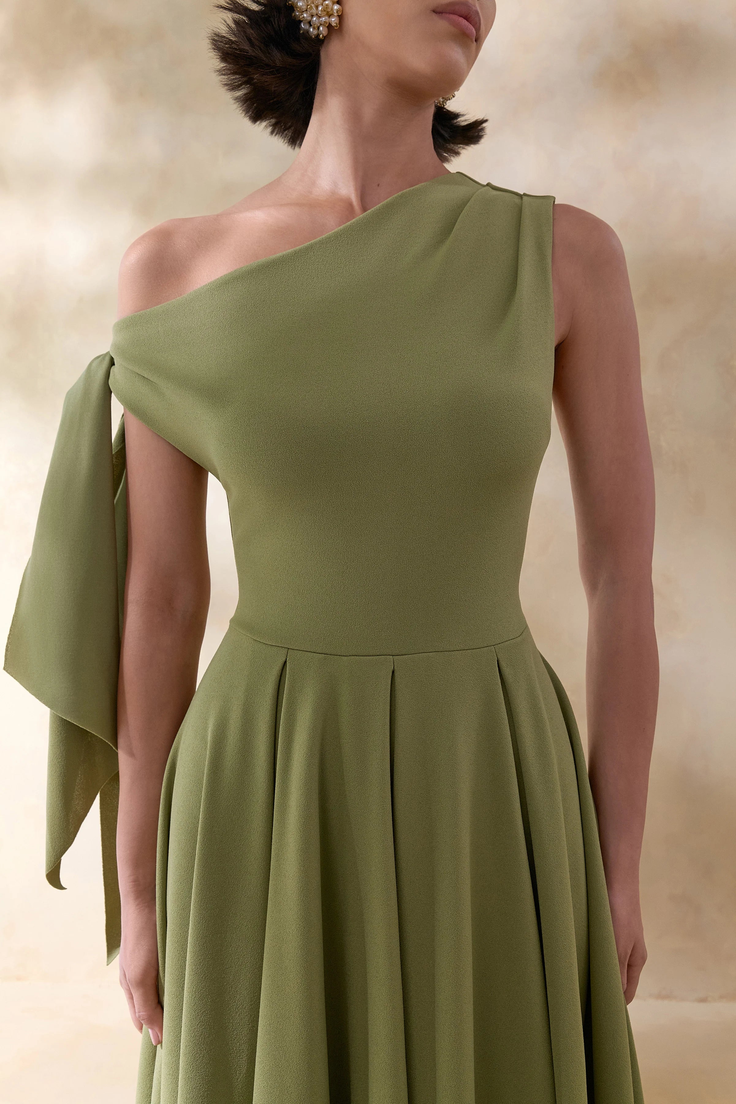 Daring Olive Asymmetric Neck Midi Dress With Knot Detail