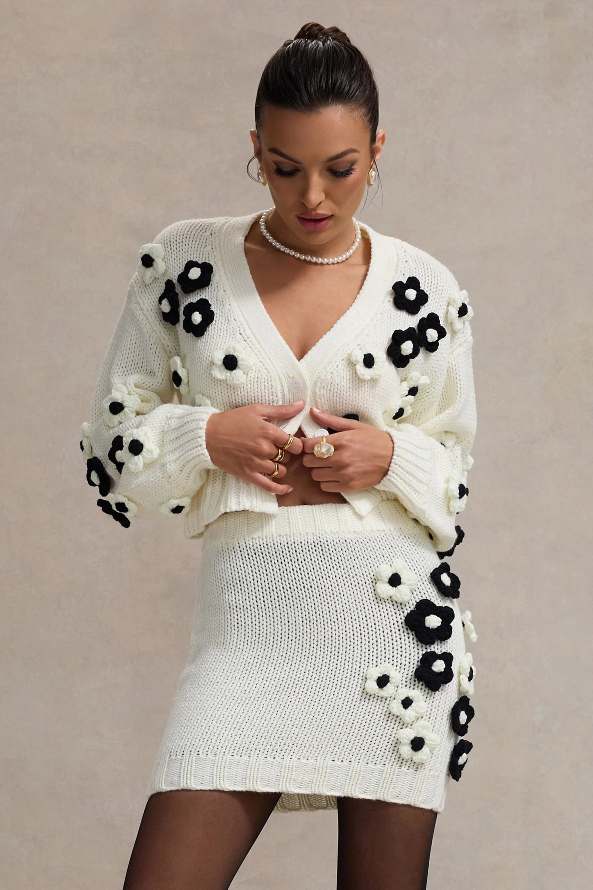 Louvre Cream Black Knit Cropped Floral Cardigan