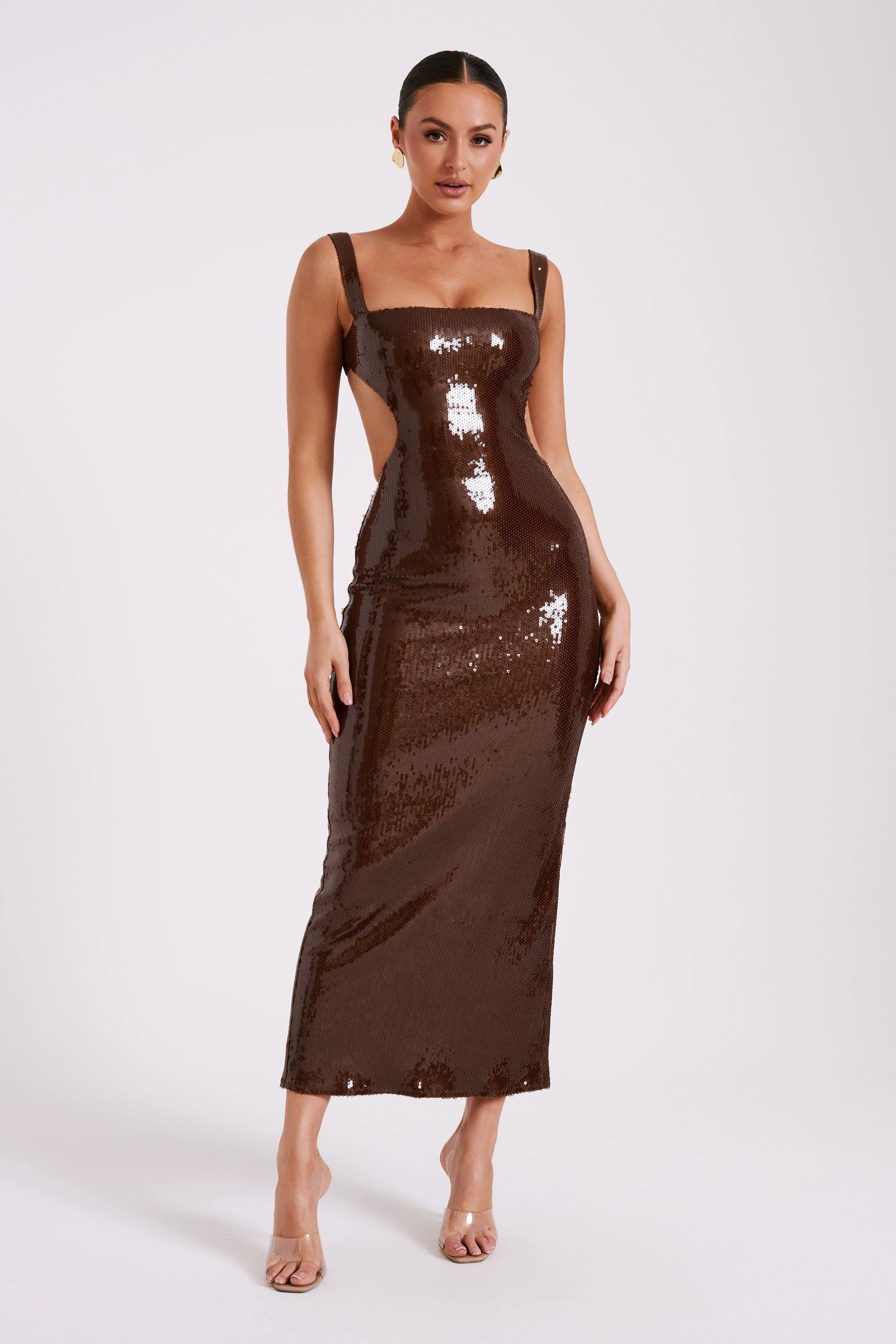 Adoria Sequin Cut Out Maxi Dress Chocolate