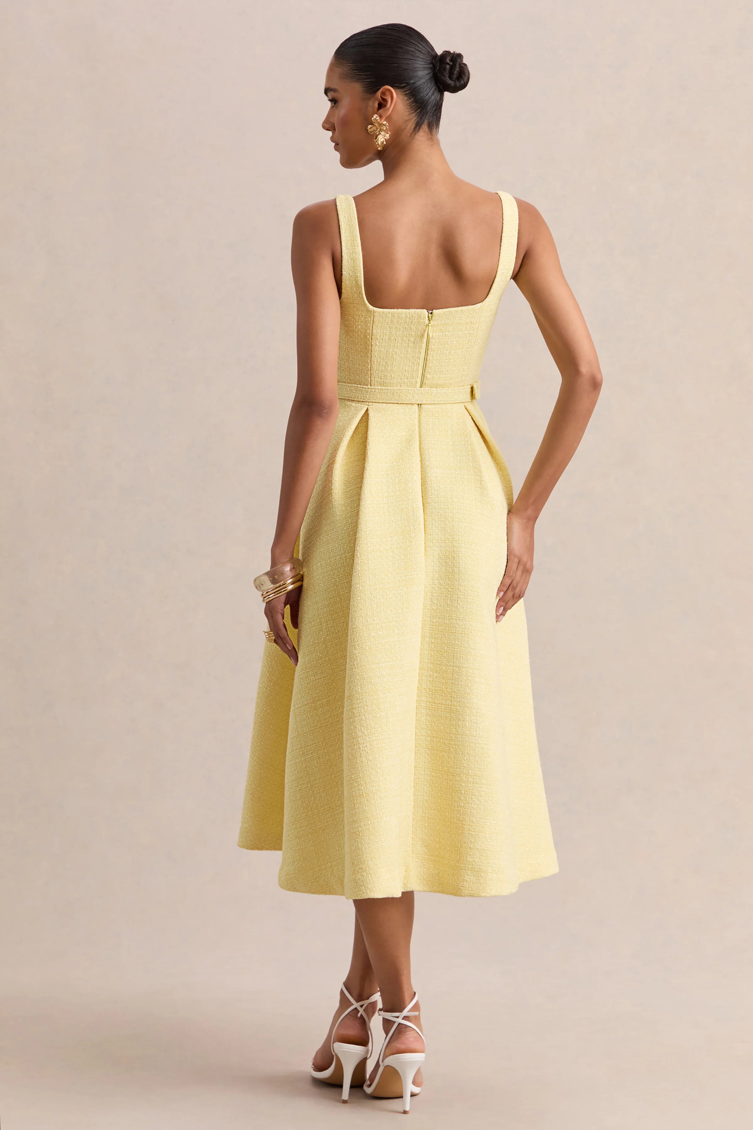 Camoria Lemon Boucle Square Neck Midi Dress