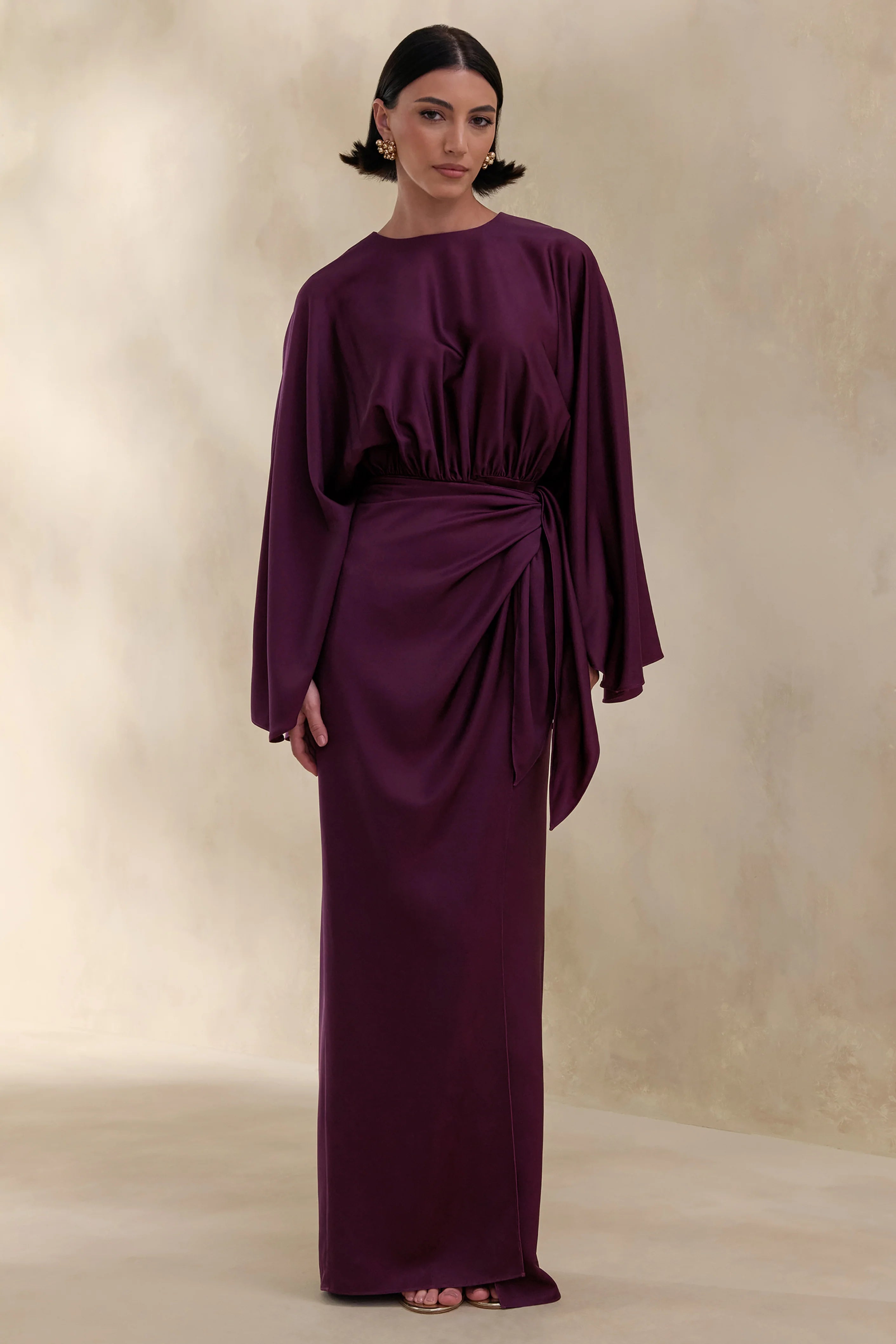 Delphina Plum Satin Maxi Dress With Gathered And Knot Detail
