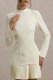 Athena Cream Long Sleeve Mini Dress With Pleated Hem