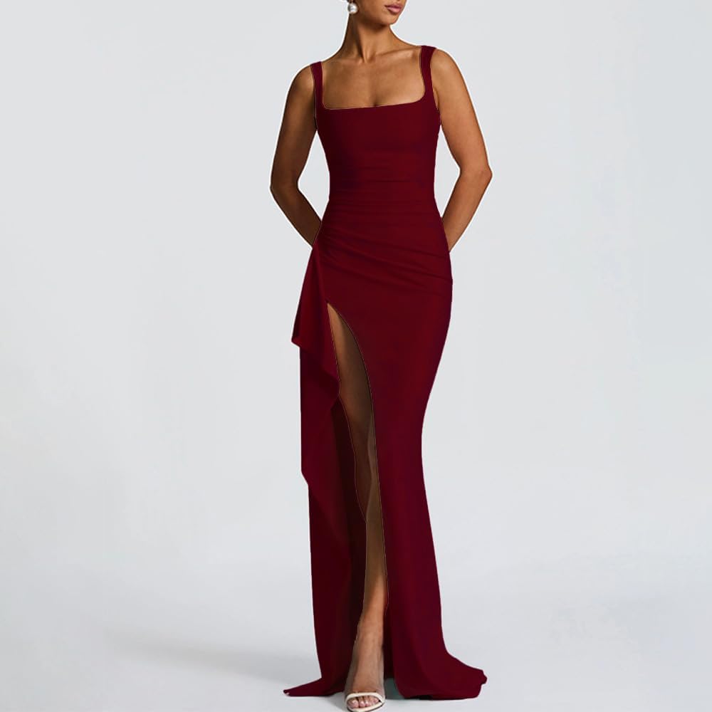 Women Formal Dresses Sleeveless Bodycon Ruched High Slit Sexy Maxi Dress Cocktail Prom