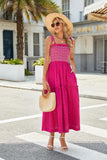 Women Floral Embroidered Maxi Dress Sleeveless Tie Shoulder Smocked Flowy Dress Boho Summer Sundresses with Pockets