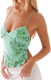 Women Sequin Beaded Cami Top V Neck Backless Criss Cross Straps Crop Tops Summer Going Out Clubwear