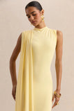 Oleandra Lemon High Neck Midi Dress With Draped Detail