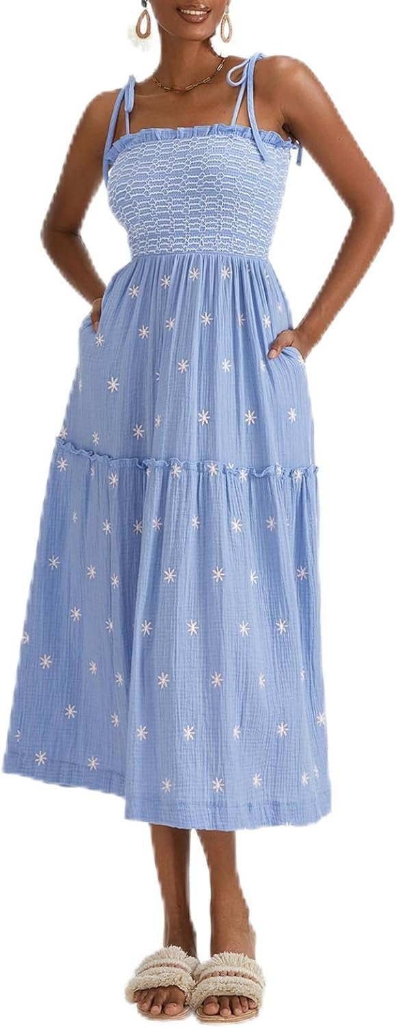 Women Floral Embroidered Maxi Dress Sleeveless Tie Shoulder Smocked Flowy Dress Boho Summer Sundresses with Pockets