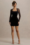 Off Piste Black Velvet Bodycon Mini Dress With Sheer Sleeves