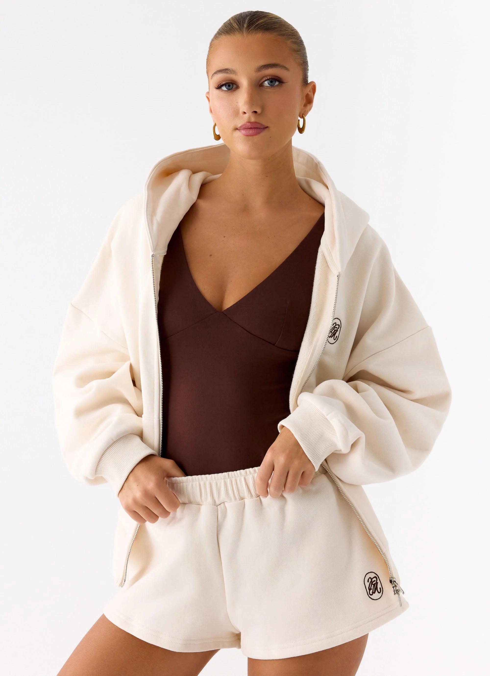 Signature Double Zip Up Hoodie Cream