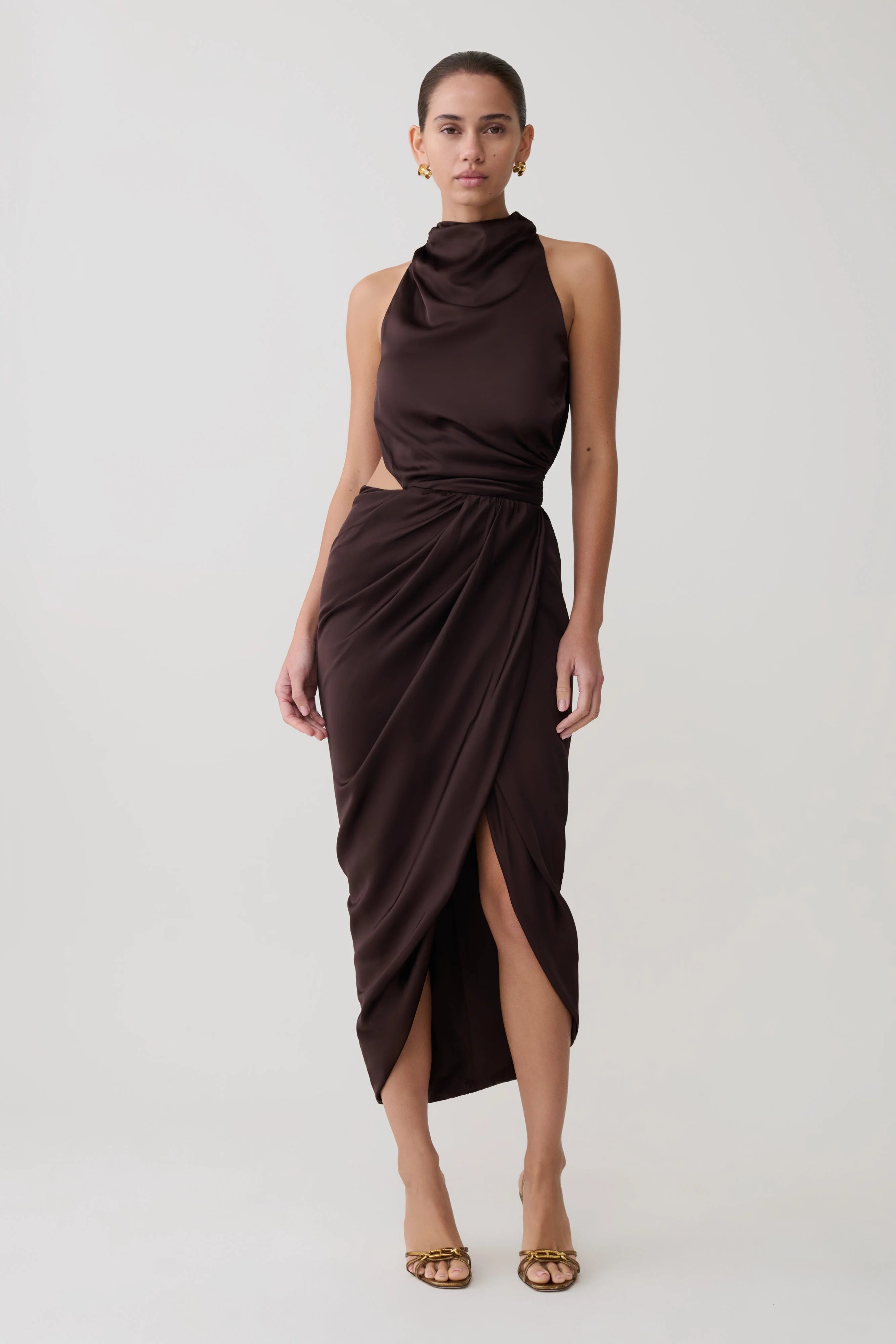 Aveline Draped Halter Midi Dress Dark Chocolate