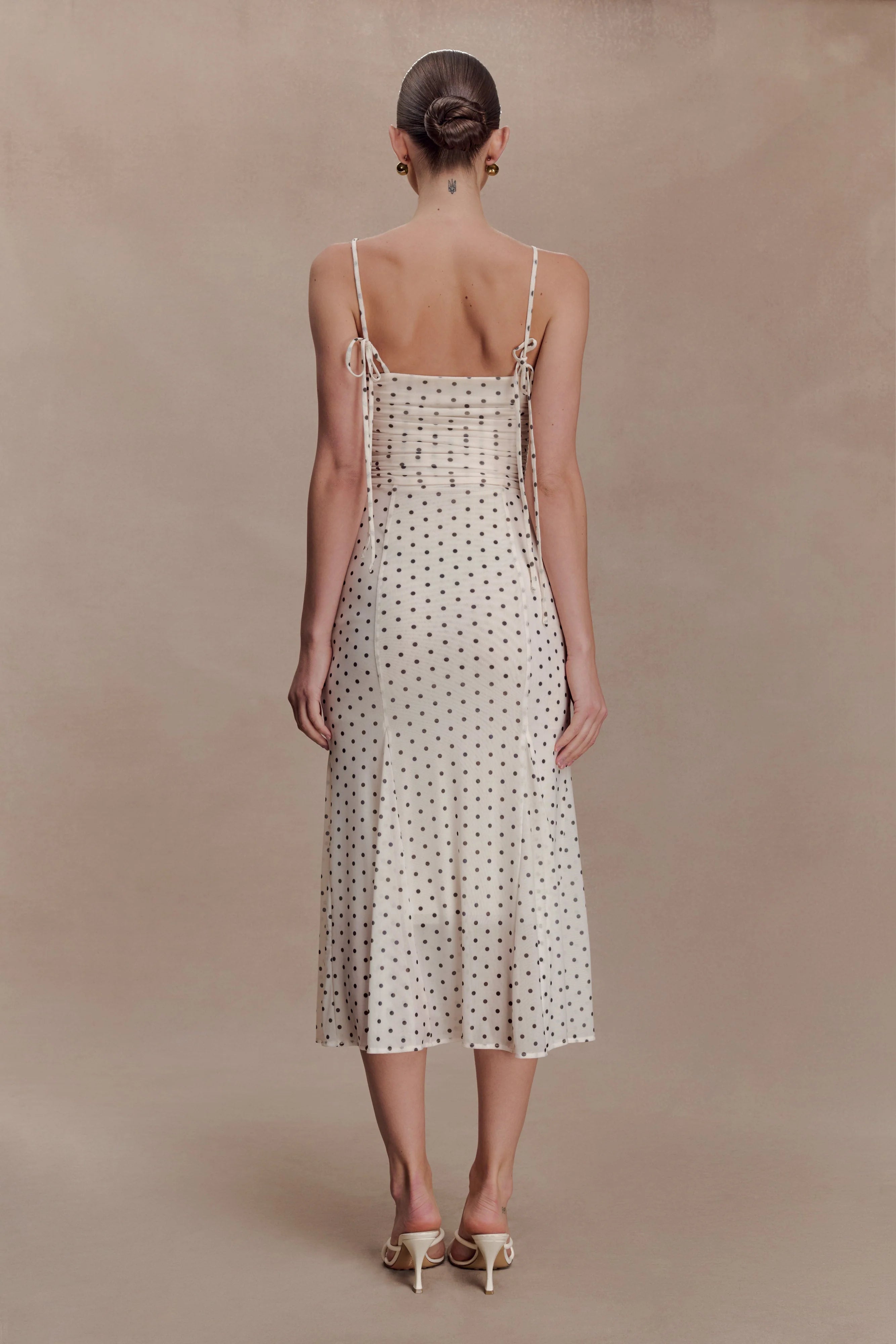 Willa Gathered Mesh Midi Dress Polka Dot