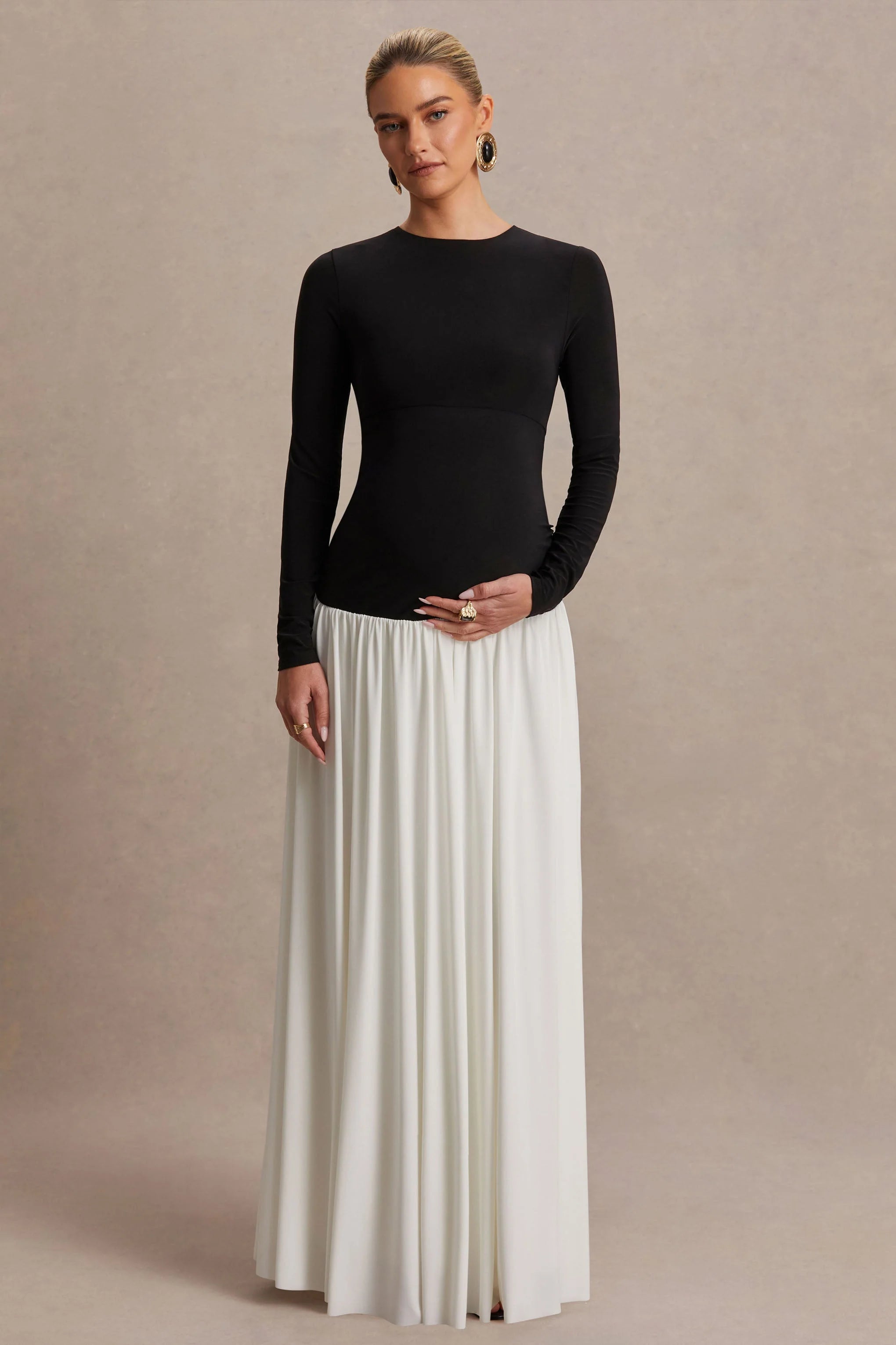 Monroe Black And White Crew Neck Maternity Maxi Dress With Drop Waist