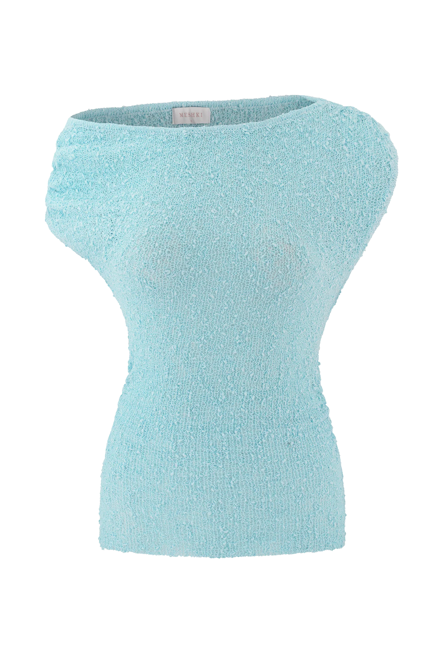 Chloe Off Shoulder Boucle Knit Top Light Blue