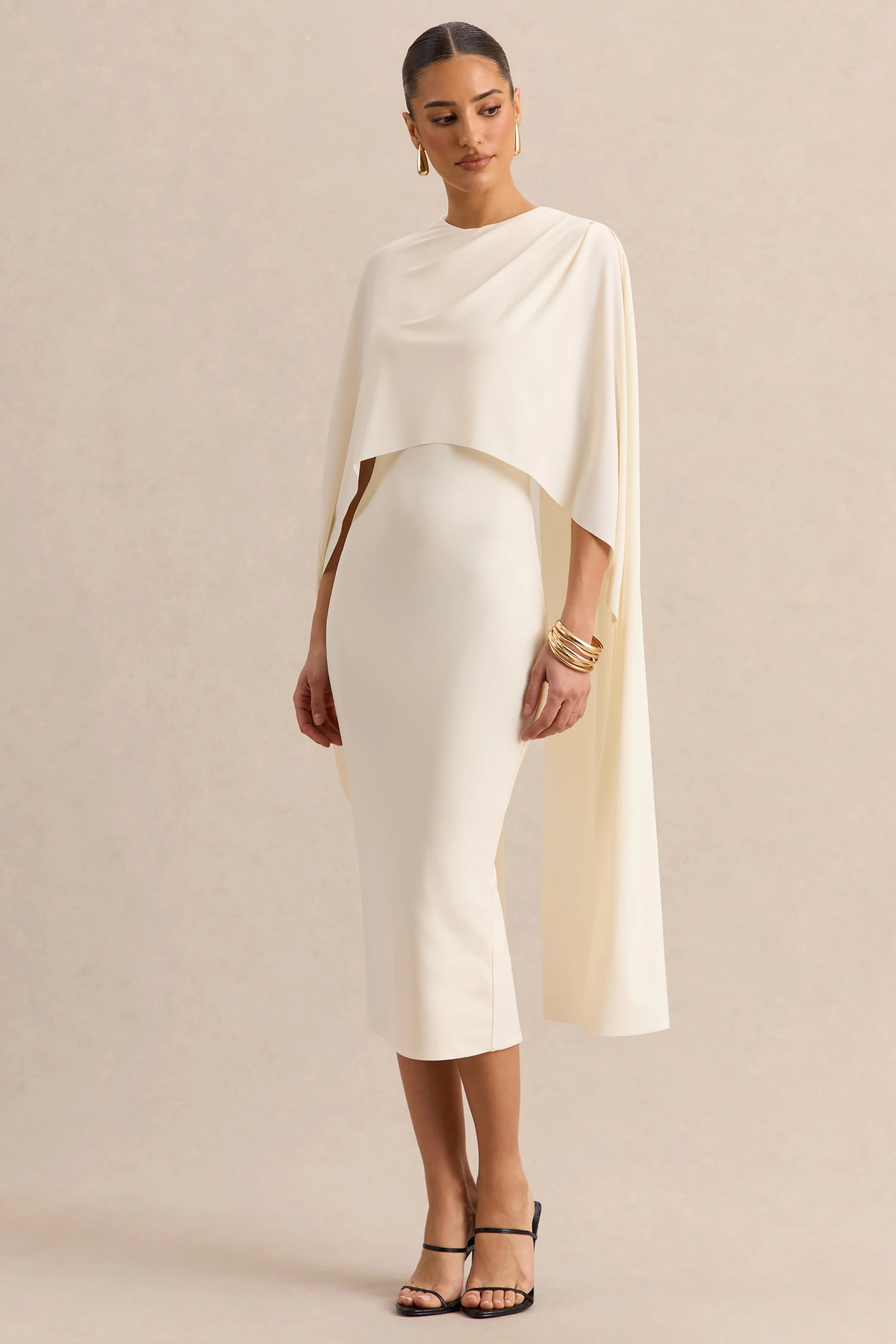 Luxalyn Cream Round Neck Midi Dress With Cape Detail