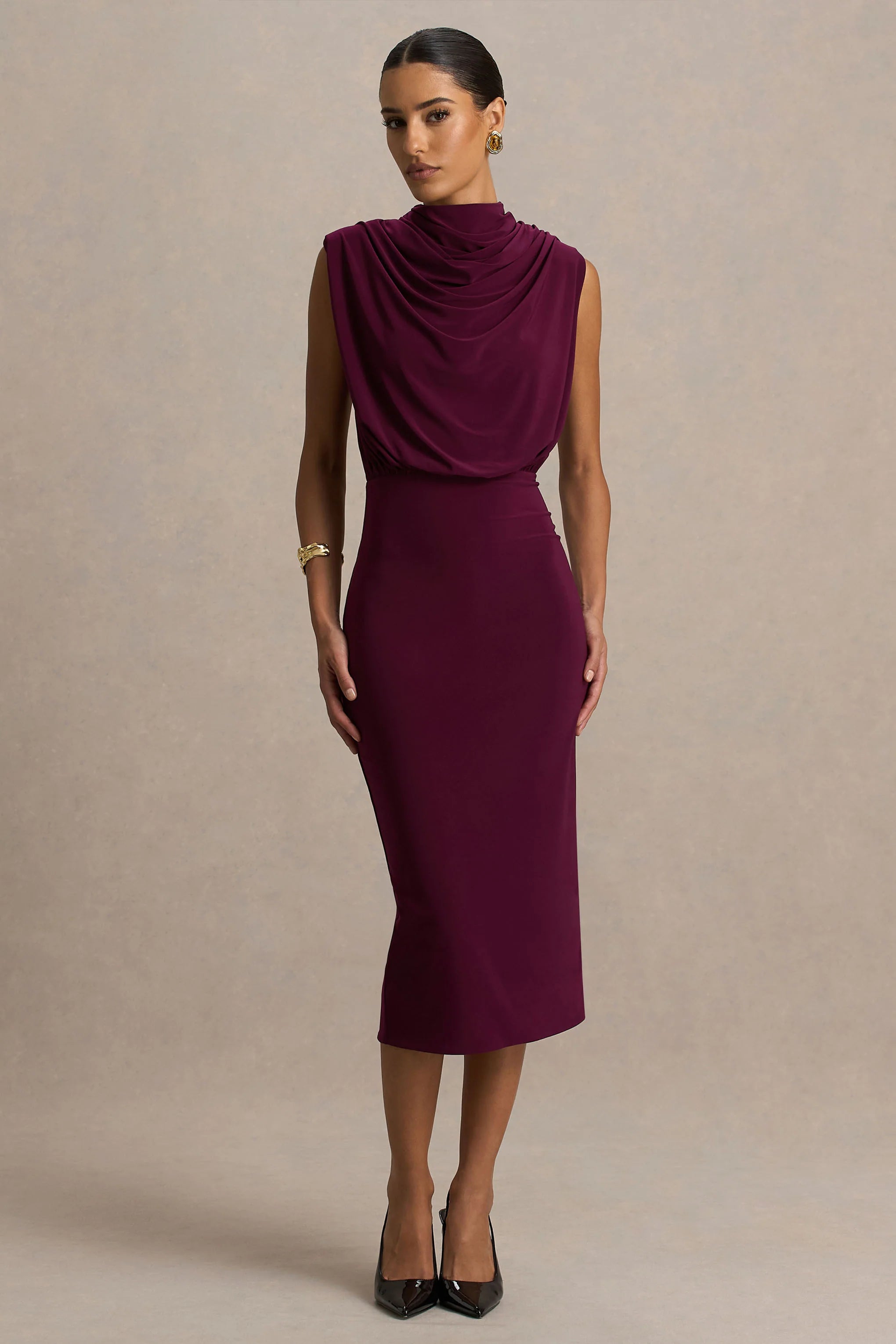 Hermia Burgundy High Neck Midi Dress