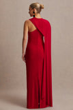 Tessy Red Asymmetric Neck Maternity Maxi Dress With Cape Sleeve