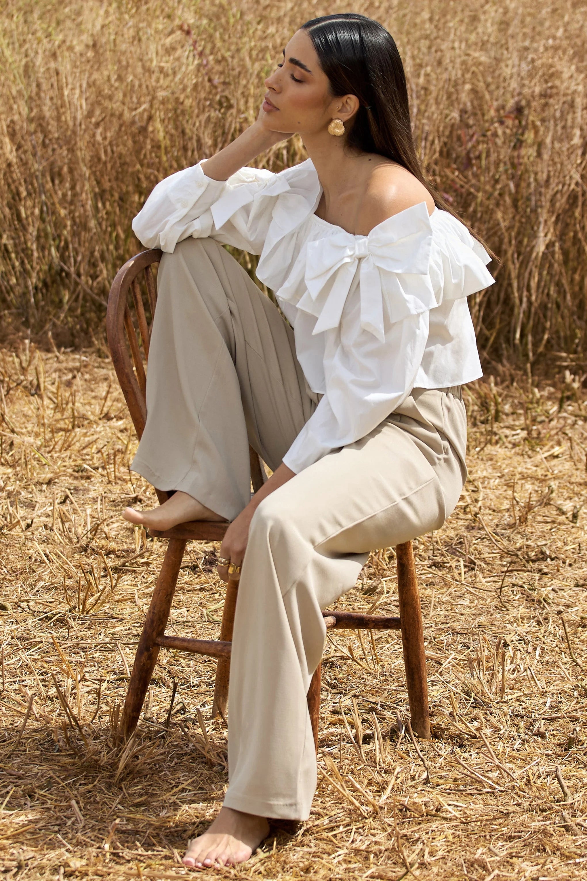 Cove White Bardot Puff Sleeve Ruffle Top With Bows