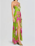 Women Tube Top Dress Tiger Stripe Mesh Patchwork Maxi Dress Strapless Sexy High Slit Long Dresses Beach Vacation